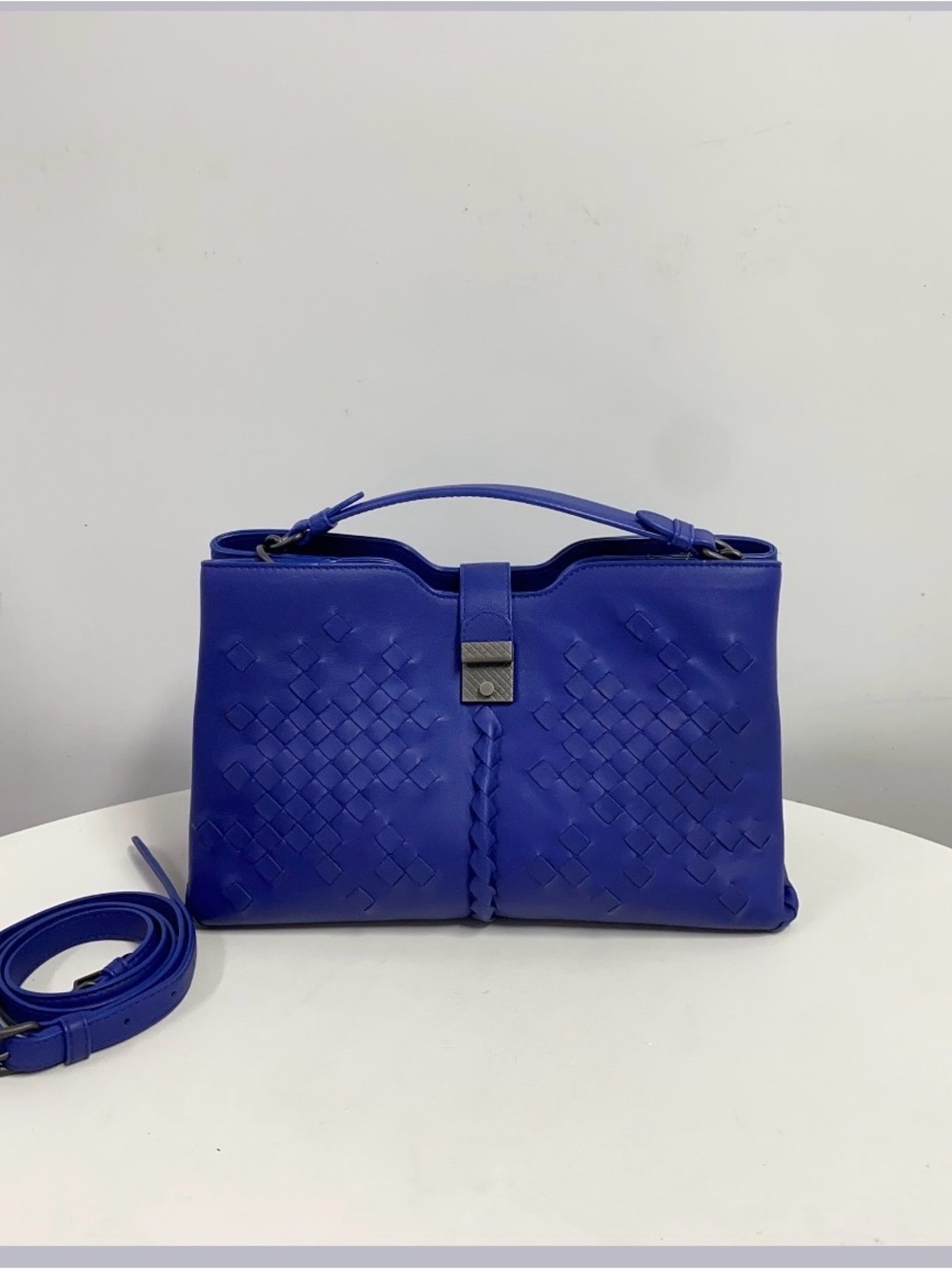 Blue Woven Leather Top-Handle Bag